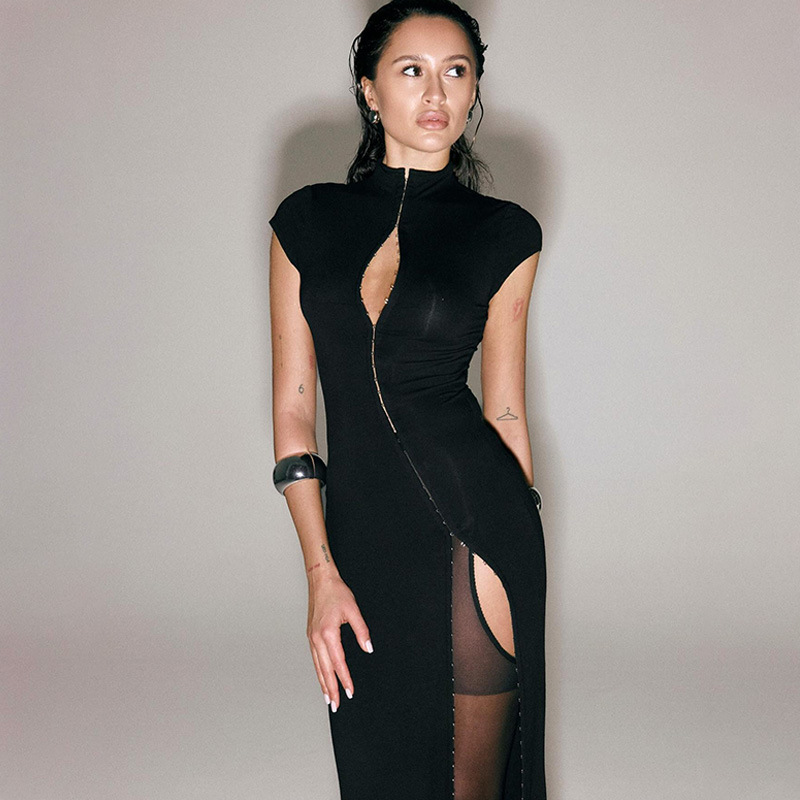 Black stand-collar cutout floor-length dress with high slit
