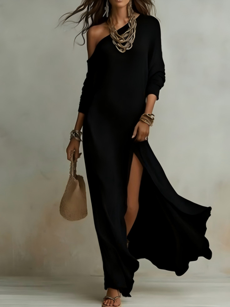 Long-sleeve pleated dress with side slit