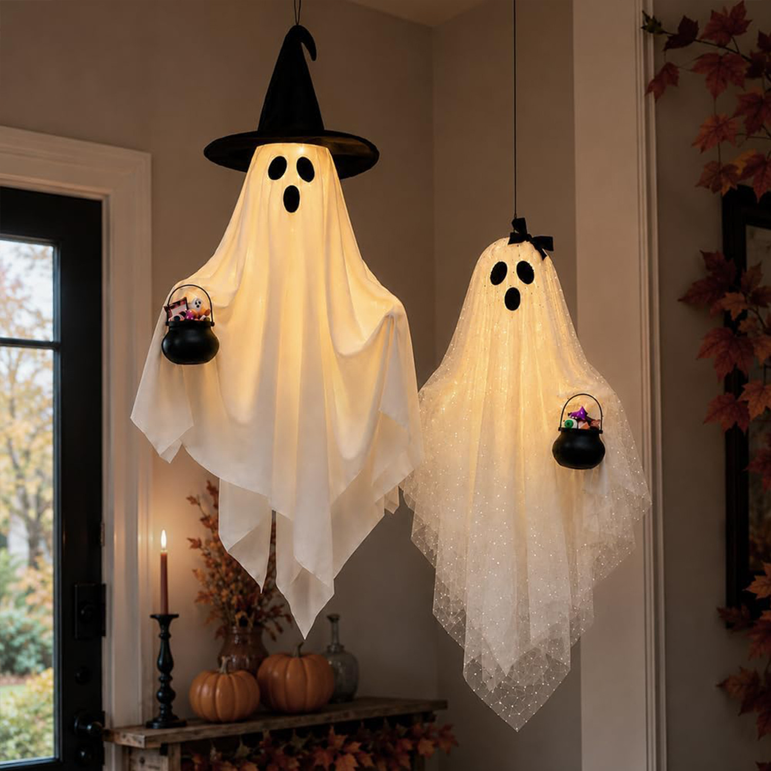 Halloween Hanging Ghost Decoration - Witch Hat and Bow Styles - product details