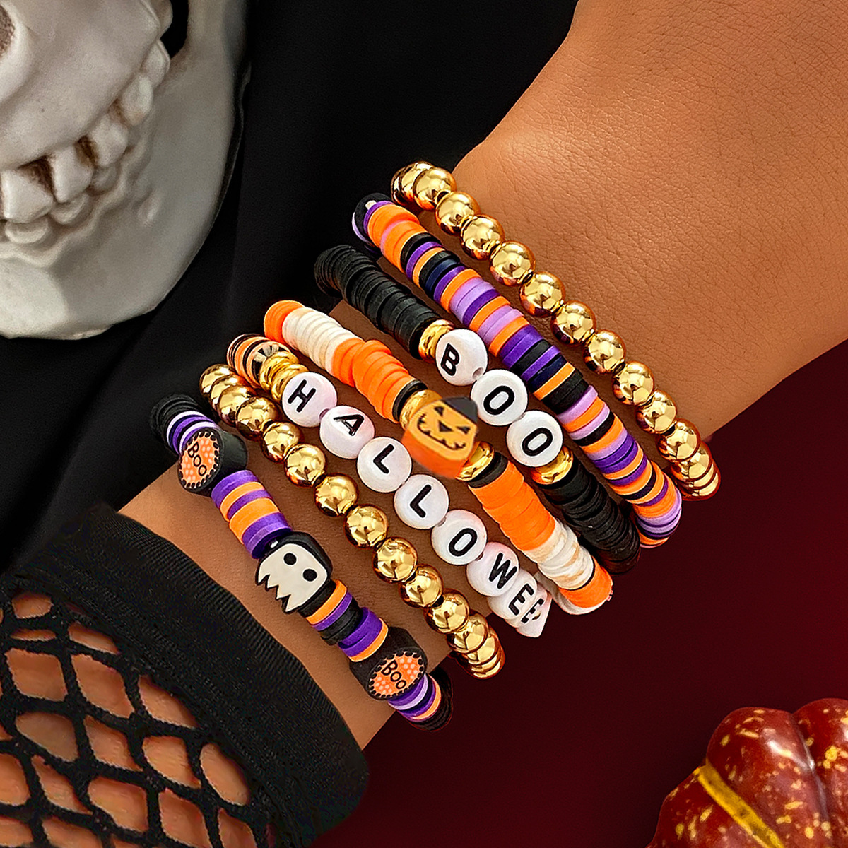 Halloween Pumpkin and Skull Bracelet - product details