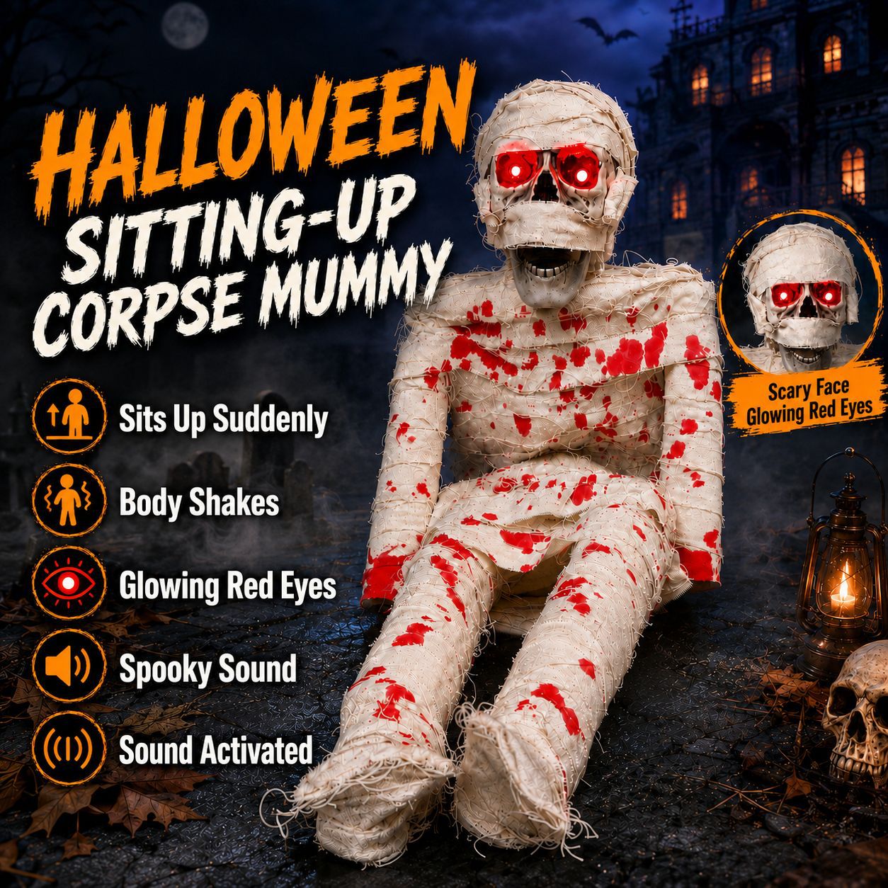 Halloween Sound-Activated Sitting Corpse Prop - product details