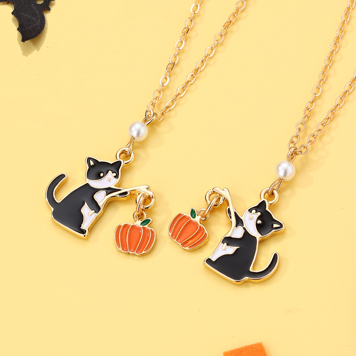 Halloween Cartoon Necklace with Black Cat Pumpkin Wizard Hat Pendant - product details