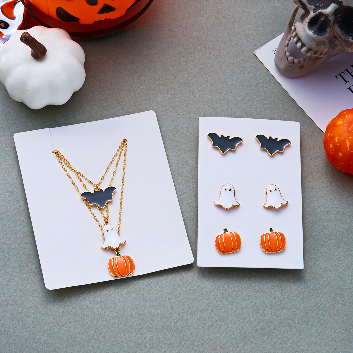Halloween Jewelry Set - Ghost, Pumpkin and Bat Designs - Alloy - product details