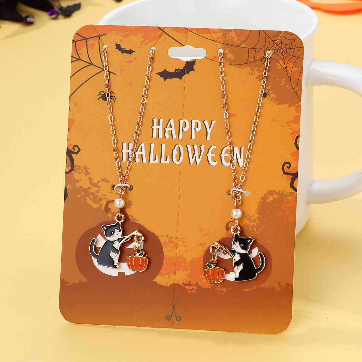 Halloween Cartoon Necklace with Black Cat Pumpkin Wizard Hat Pendant - product details