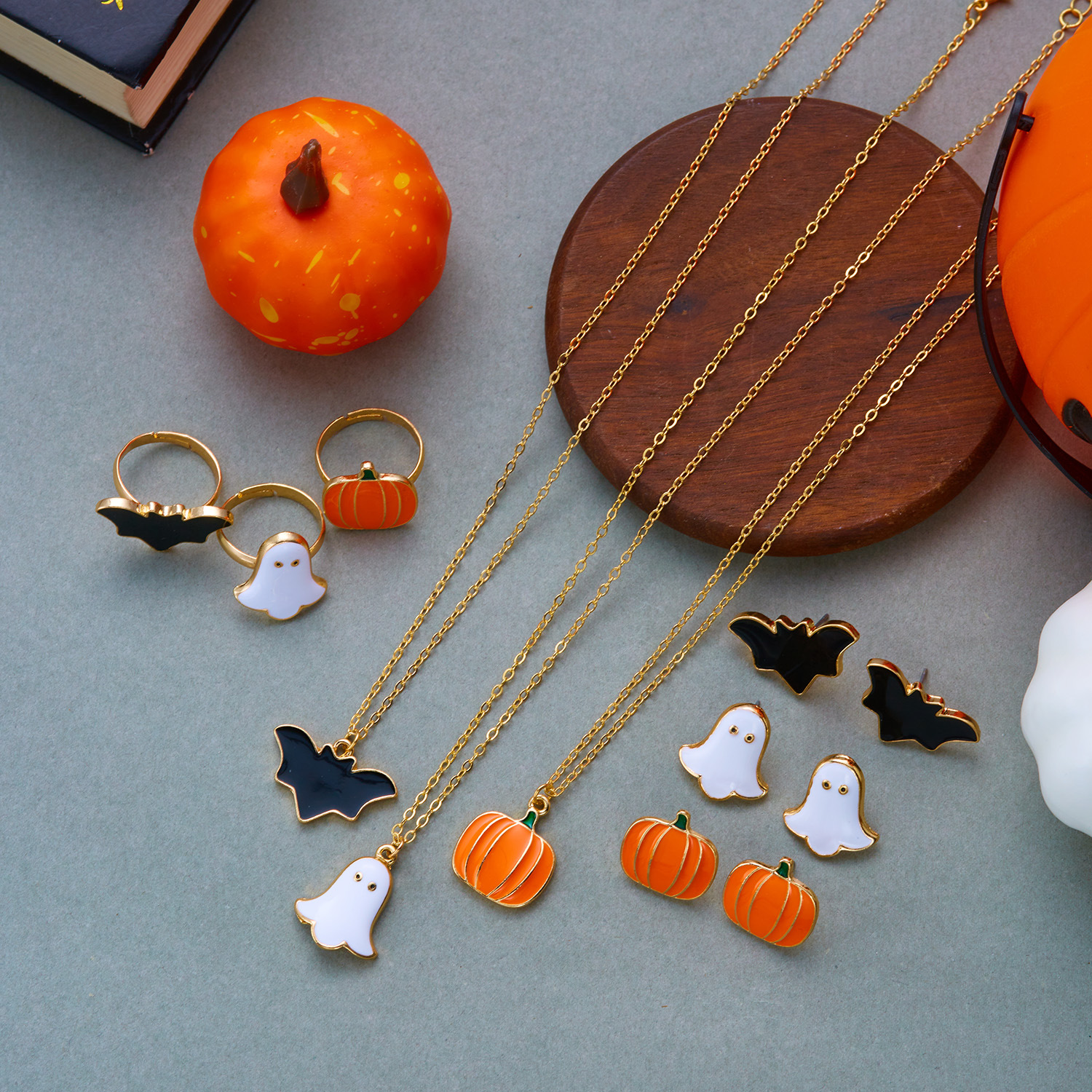 Halloween Jewelry Set - Ghost, Pumpkin and Bat Designs - Alloy - product details