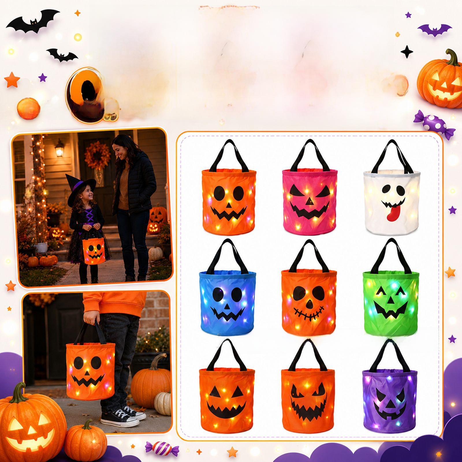 Halloween LED Pumpkin Candy Bucket - Metal - product details