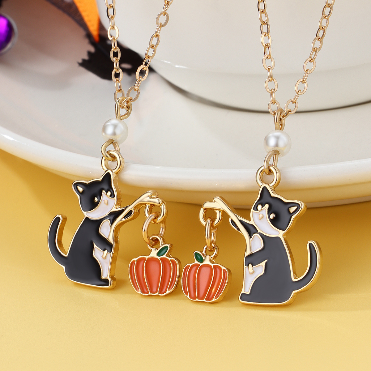 Halloween Cartoon Necklace with Black Cat Pumpkin Wizard Hat Pendant - product details