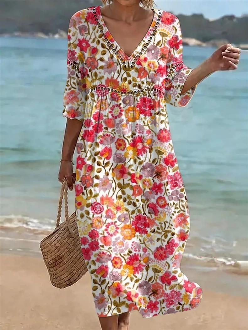 Deep V-neck 3D print midi dress with irregular hem