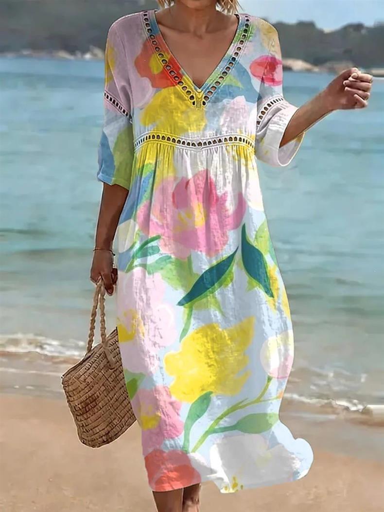 Deep V-neck 3D print midi dress with irregular hem