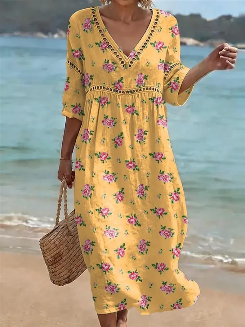 Deep V-neck 3D print midi dress with irregular hem