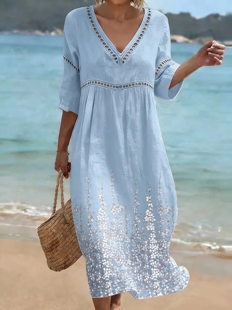 Deep V-neck 3D print midi dress with irregular hem
