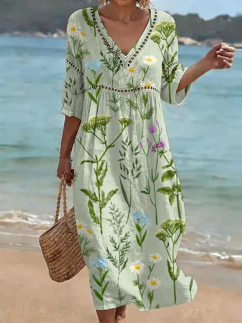 Deep V-neck 3D print midi dress with irregular hem