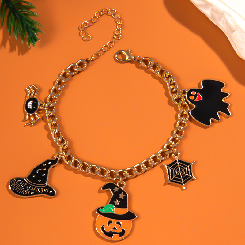 Halloween Charm Bracelet - Pumpkin, Ghost and Witch Hat - Alloy - product details