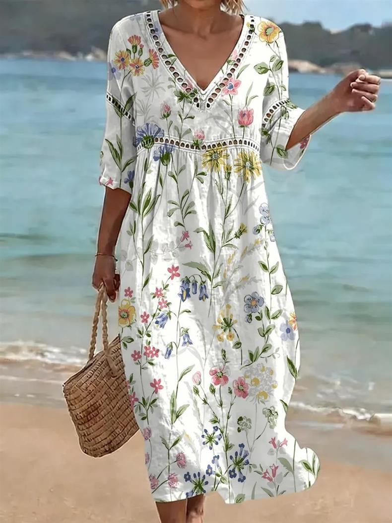 Deep V-neck 3D print midi dress with irregular hem