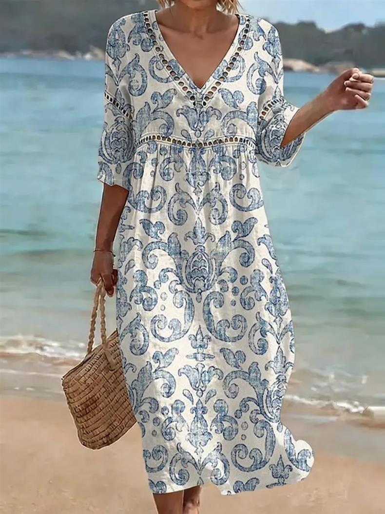 Deep V-neck 3D print midi dress with irregular hem
