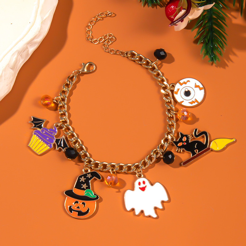 Halloween Charm Bracelet - Pumpkin, Ghost and Witch Hat - Alloy - product details