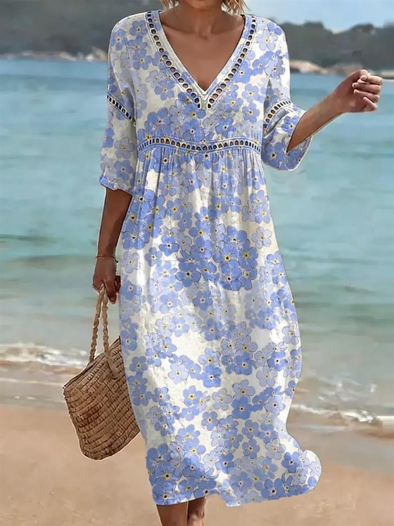 Deep V-neck 3D print midi dress with irregular hem