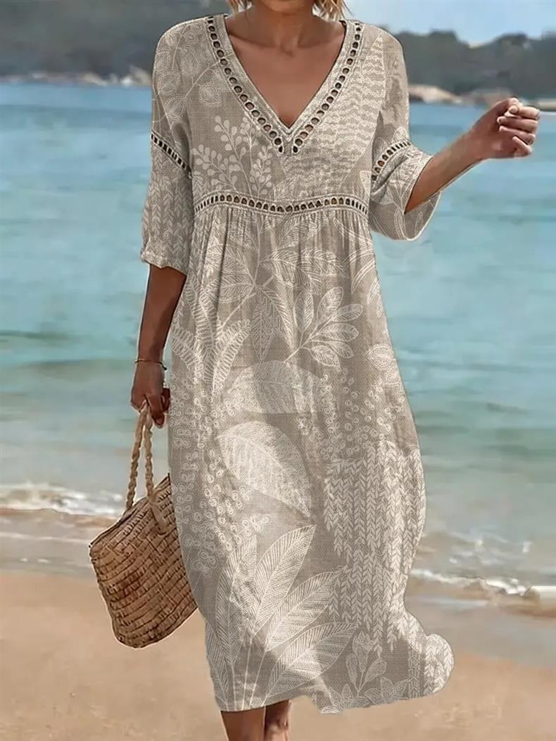 Deep V-neck 3D print midi dress with irregular hem