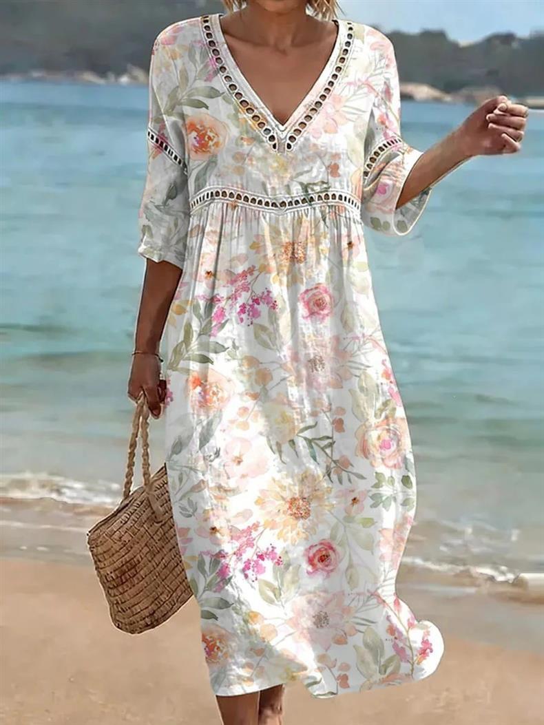 Deep V-neck 3D print midi dress with irregular hem