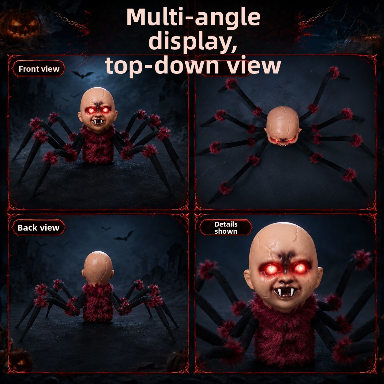 Animated Halloween Spider Head Prop with Sound and Light Effects - product details