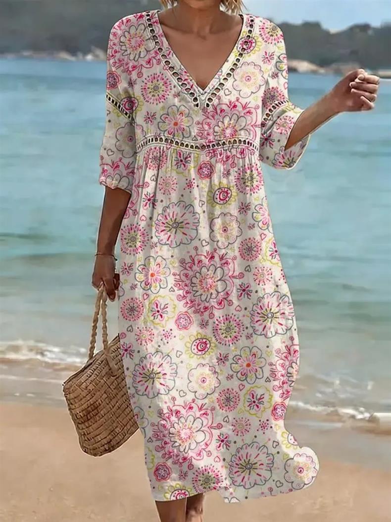 Deep V-neck 3D print midi dress with irregular hem