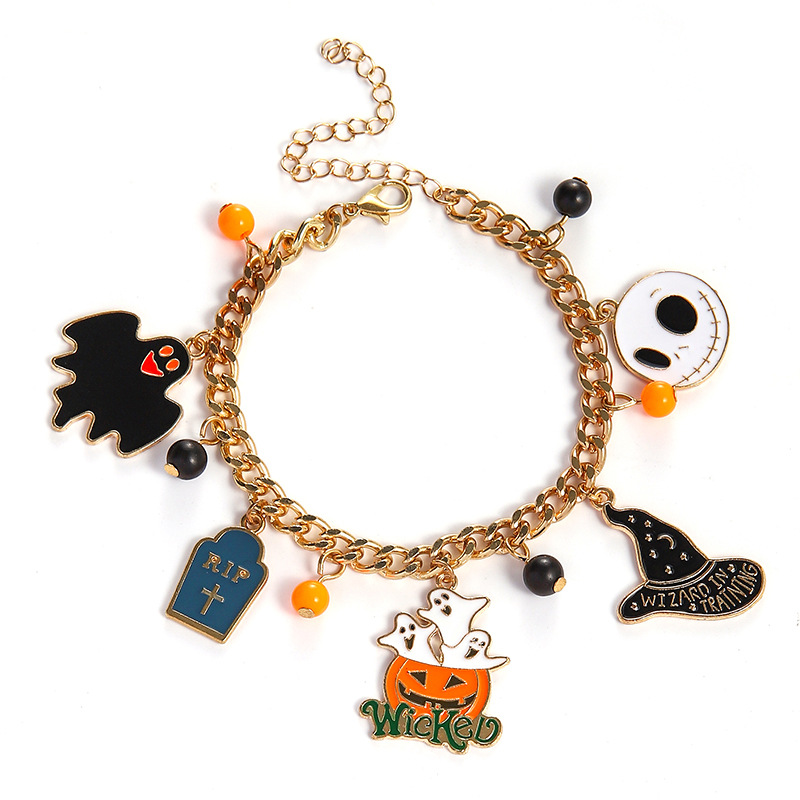 Halloween Charm Bracelet - Pumpkin, Ghost and Witch Hat - Alloy - product details