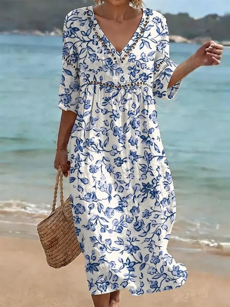 Deep V-neck 3D print midi dress with irregular hem