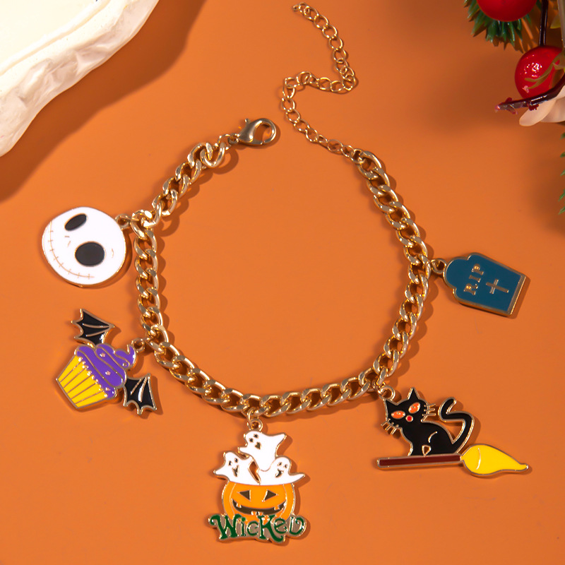 Halloween Charm Bracelet - Pumpkin, Ghost and Witch Hat - Alloy - product details