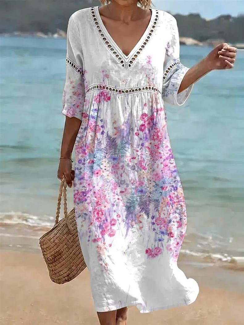 Deep V-neck 3D print midi dress with irregular hem