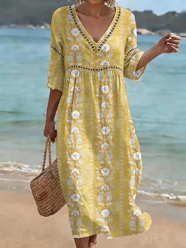 Deep V-neck 3D print midi dress with irregular hem