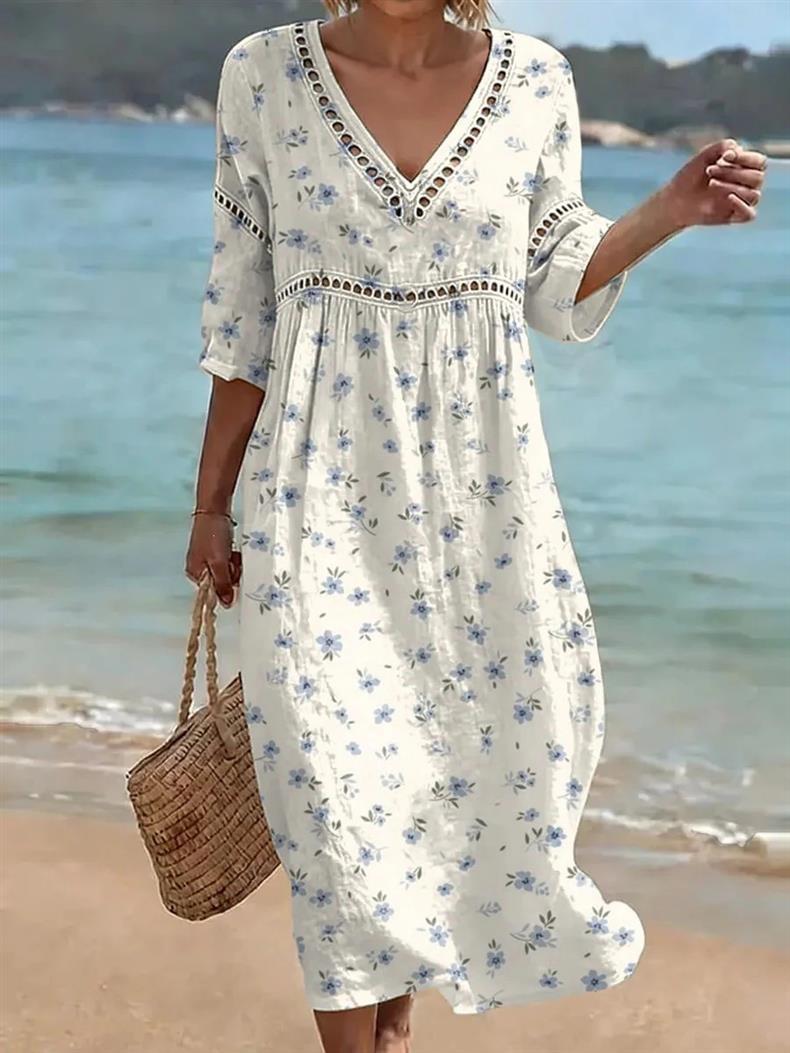 Deep V-neck 3D print midi dress with irregular hem