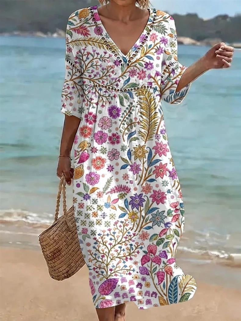 Deep V-neck 3D print midi dress with irregular hem