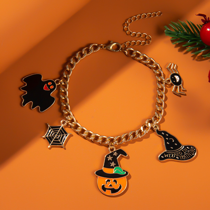 Halloween Charm Bracelet - Pumpkin, Ghost and Witch Hat - Alloy - product details