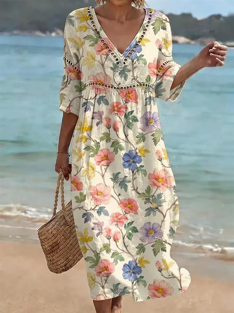 Deep V-neck 3D print midi dress with irregular hem