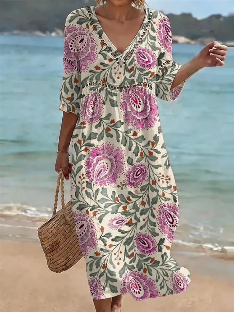 Deep V-neck 3D print midi dress with irregular hem