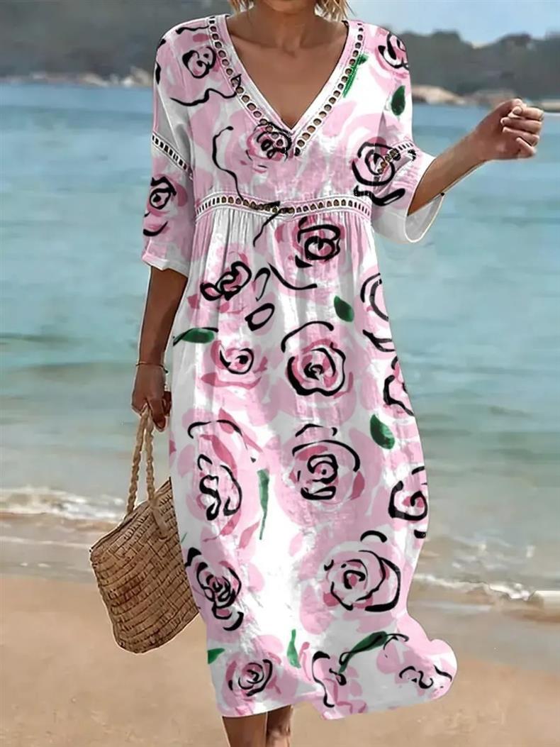 Deep V-neck 3D print midi dress with irregular hem