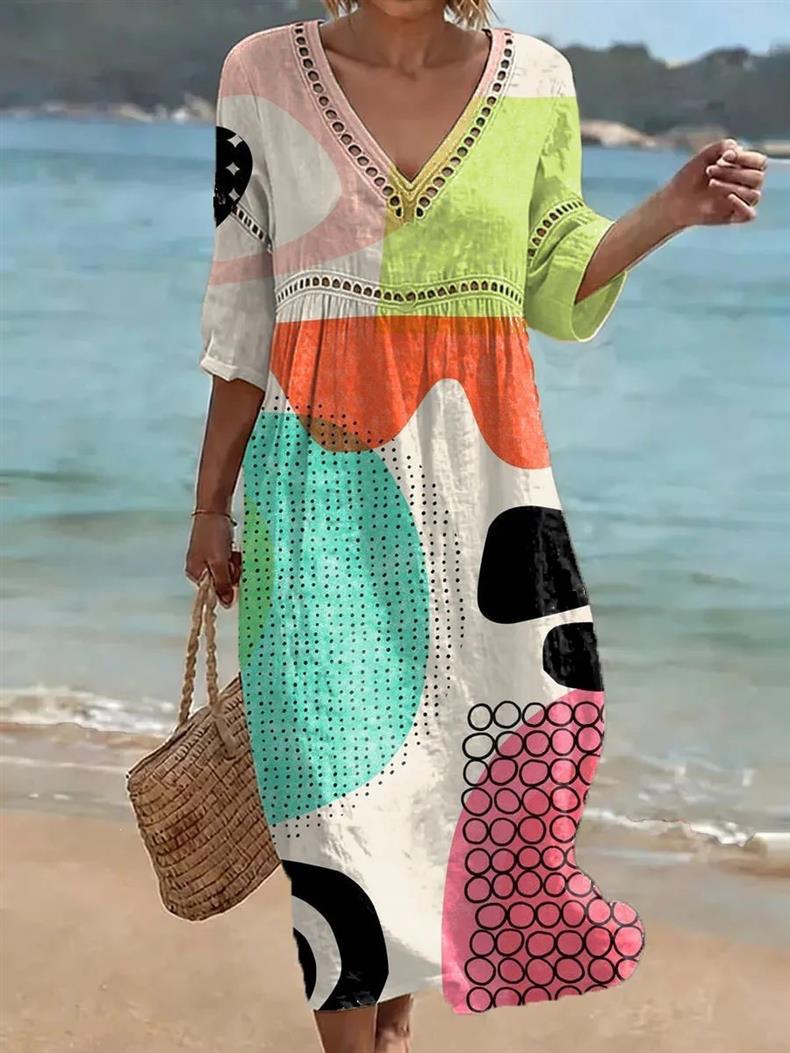 Deep V-neck 3D print midi dress with irregular hem