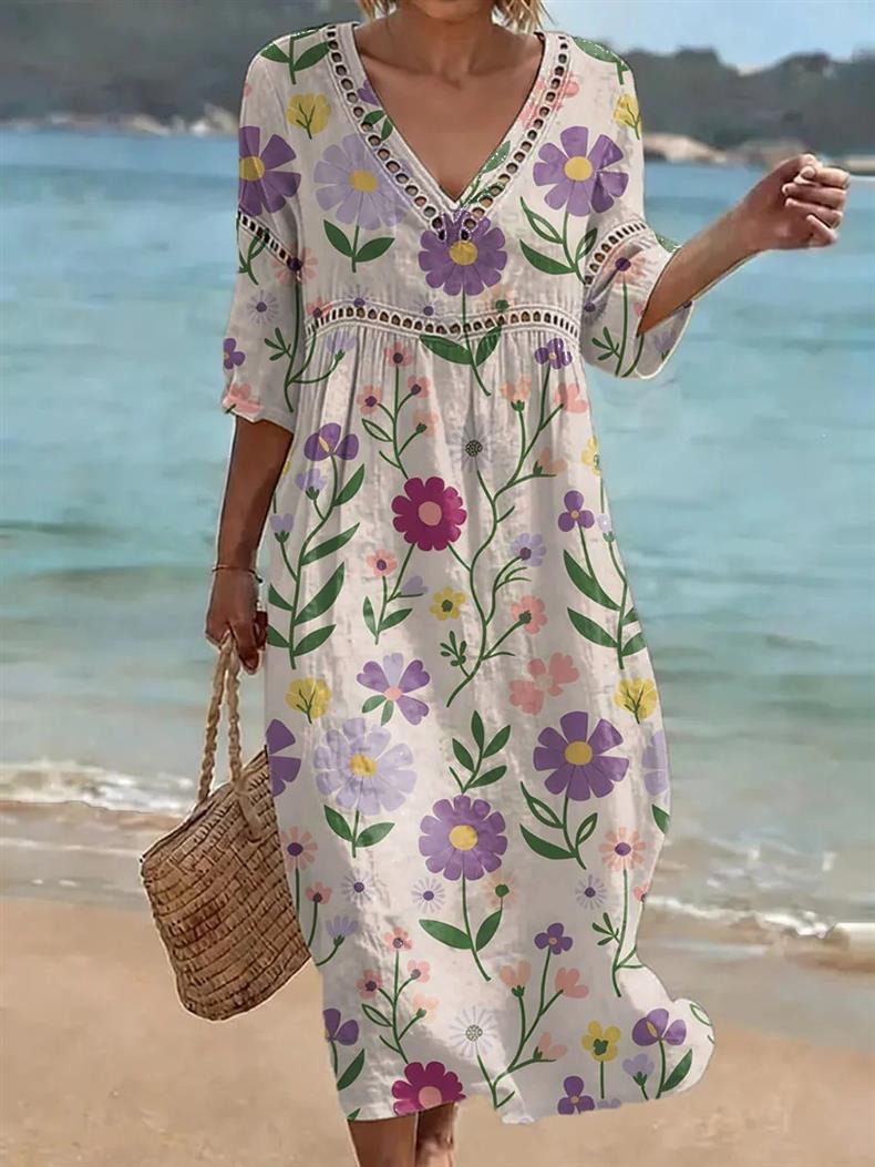 Deep V-neck 3D print midi dress with irregular hem