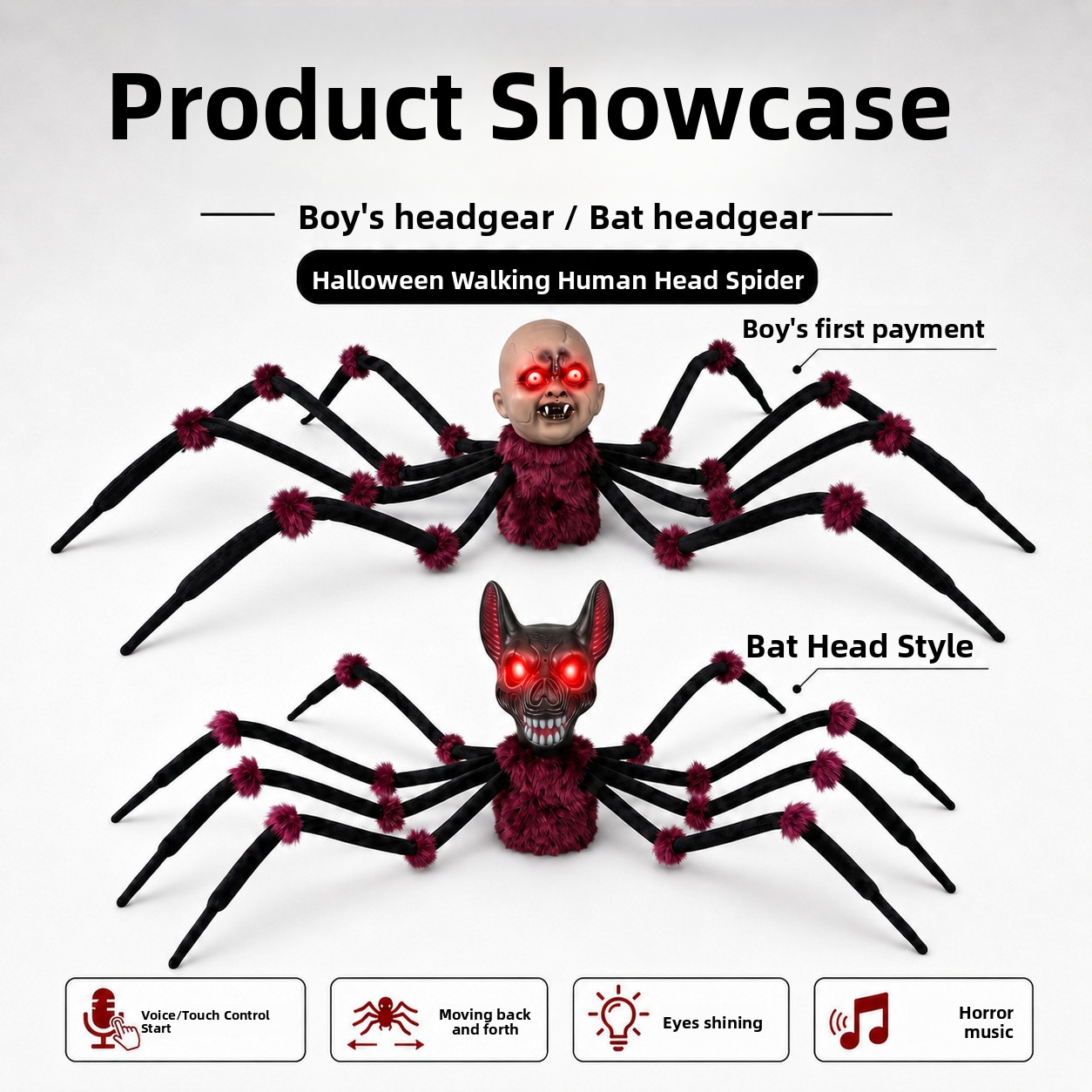 Animated Halloween Spider Head Prop with Sound and Light Effects - product details