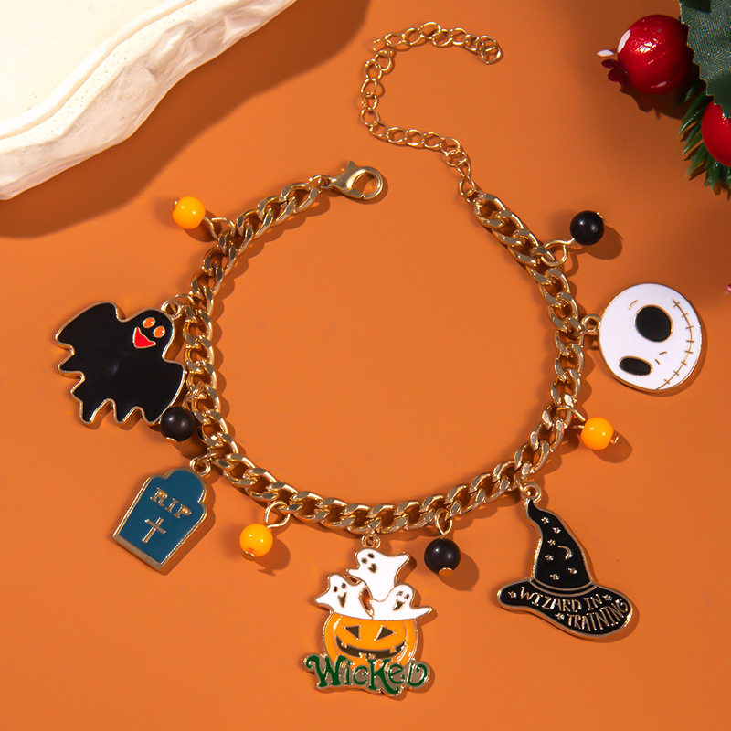 Halloween Charm Bracelet - Pumpkin, Ghost and Witch Hat - Alloy - product details