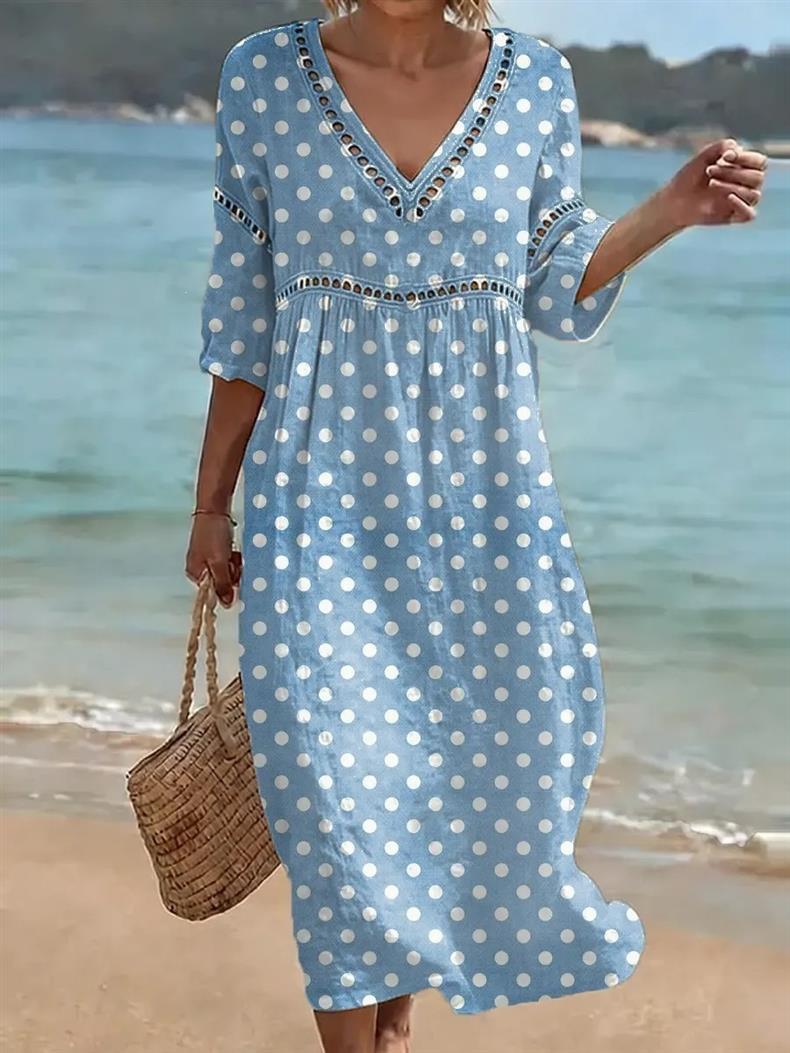 Deep V-neck 3D print midi dress with irregular hem