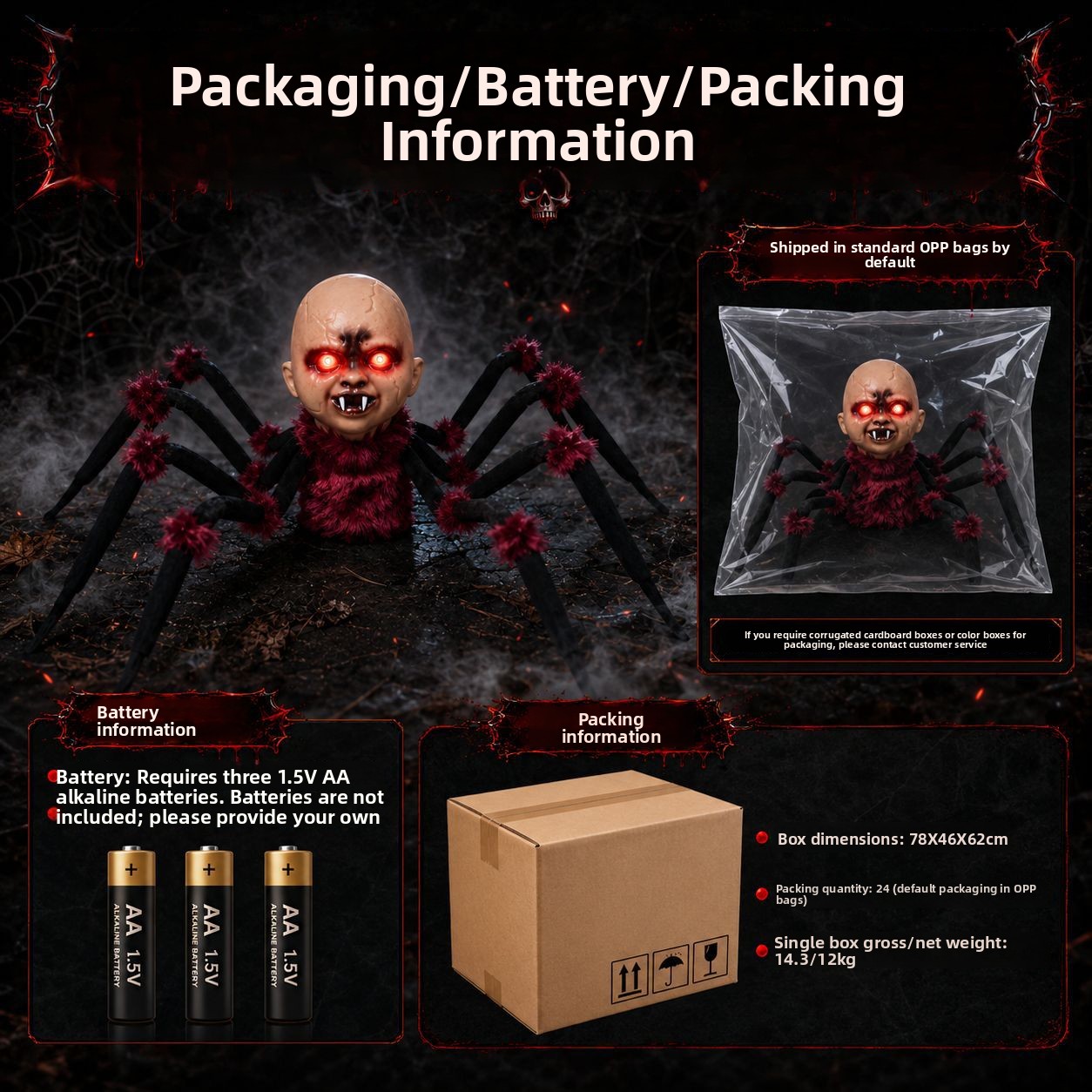 Animated Halloween Spider Head Prop with Sound and Light Effects - product details