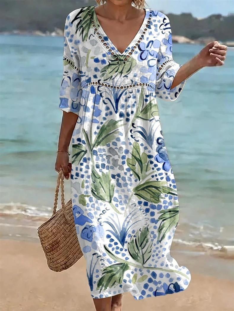 Deep V-neck 3D print midi dress with irregular hem
