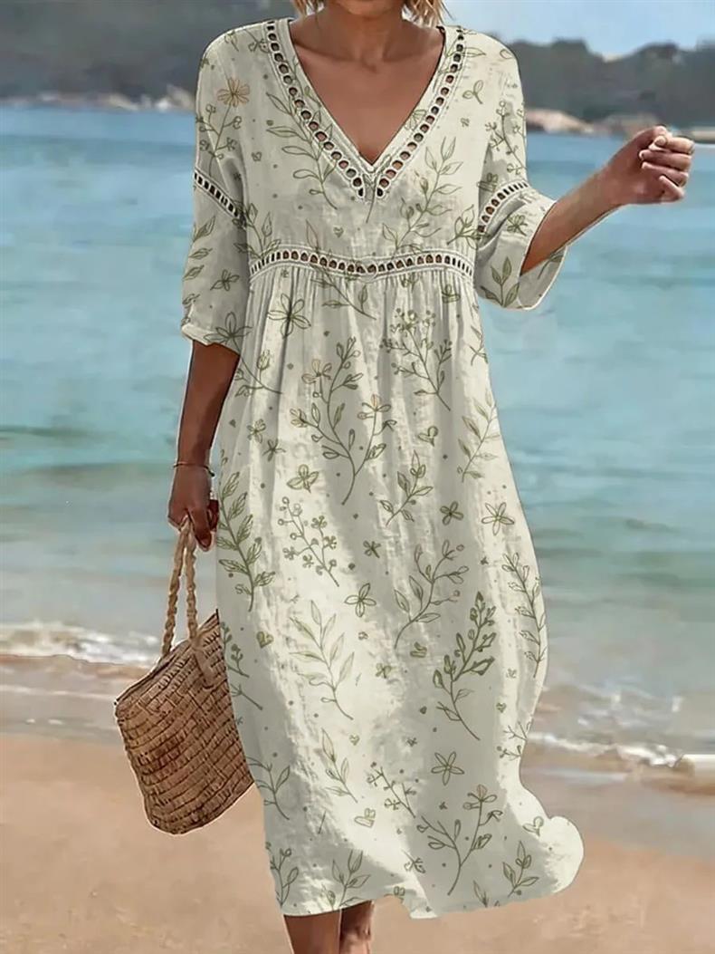 Deep V-neck 3D print midi dress with irregular hem