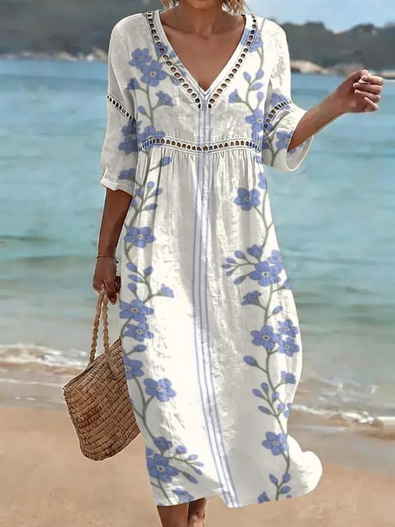 Deep V-neck 3D print midi dress with irregular hem