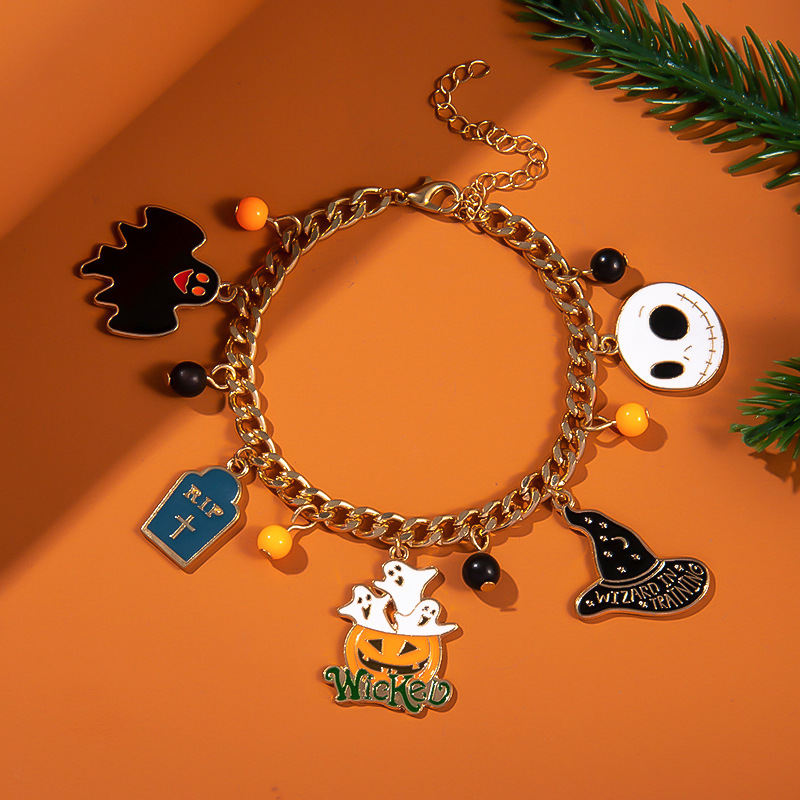 Halloween Charm Bracelet - Pumpkin, Ghost and Witch Hat - Alloy - product details