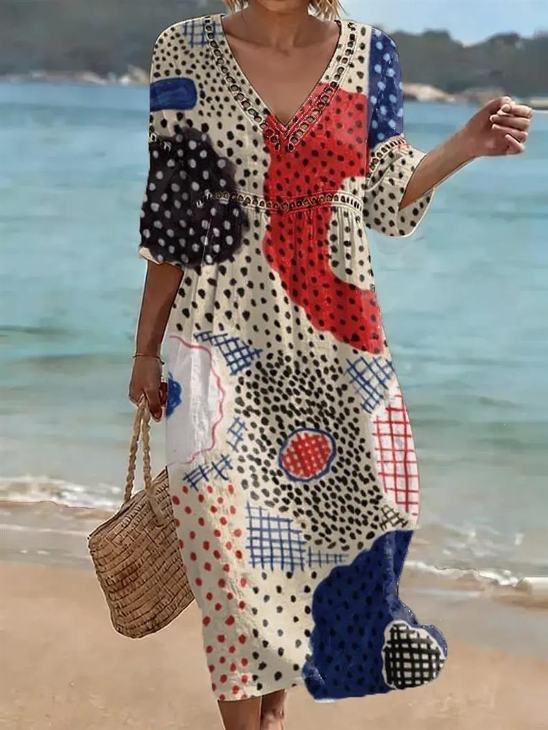 Deep V-neck 3D print midi dress with irregular hem