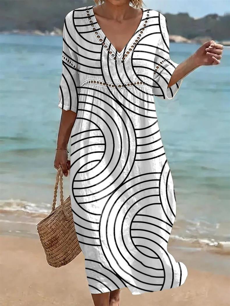Deep V-neck 3D print midi dress with irregular hem