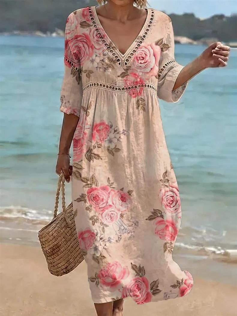 Deep V-neck 3D print midi dress with irregular hem