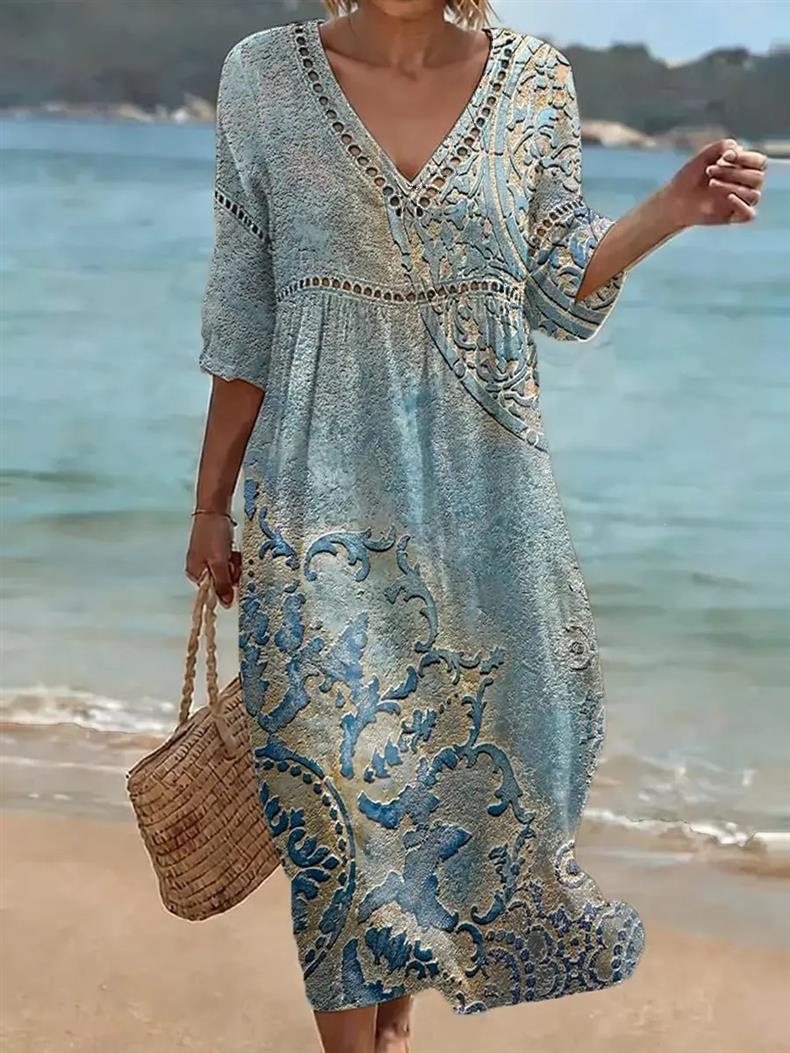 Deep V-neck 3D print midi dress with irregular hem